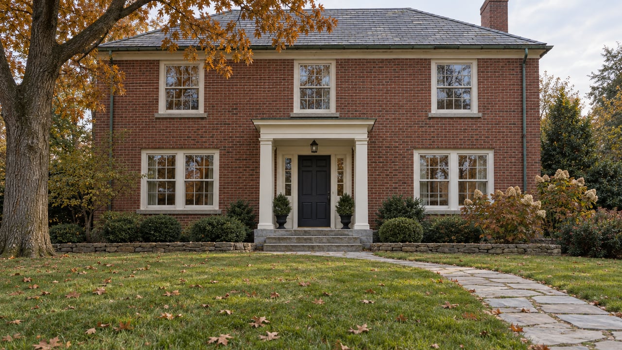 A stately brick home beyond a deep autumn lawn, with stone entry steps and a mature oak canopy.