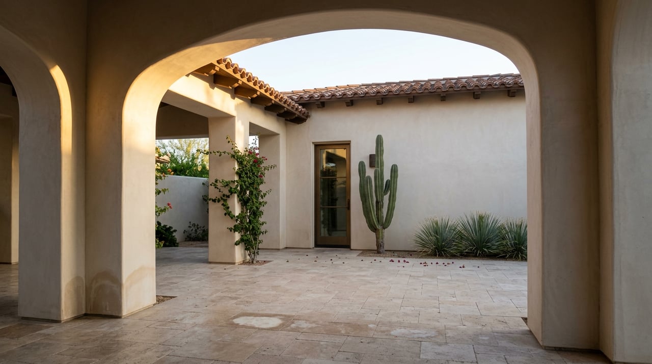 Plaster loggia arch framing a courtyard with a cardón cactus, bougainvillea, and bronze-framed glass door.