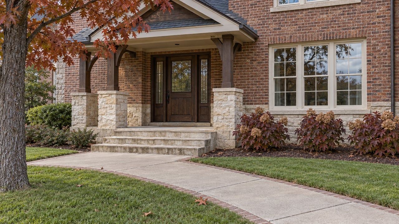 Brick home with a limestone porch, glazed oak entry door, divided-light window and autumn oakleaf hydrangeas beside a concrete approach.