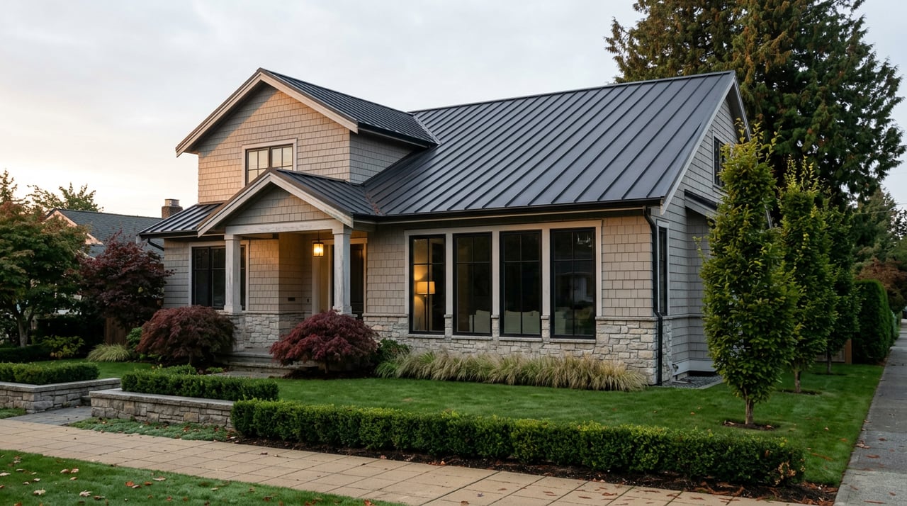 Two-story coastal-contemporary house with grey siding, stone base, red Japanese maple, and a deep front lawn.