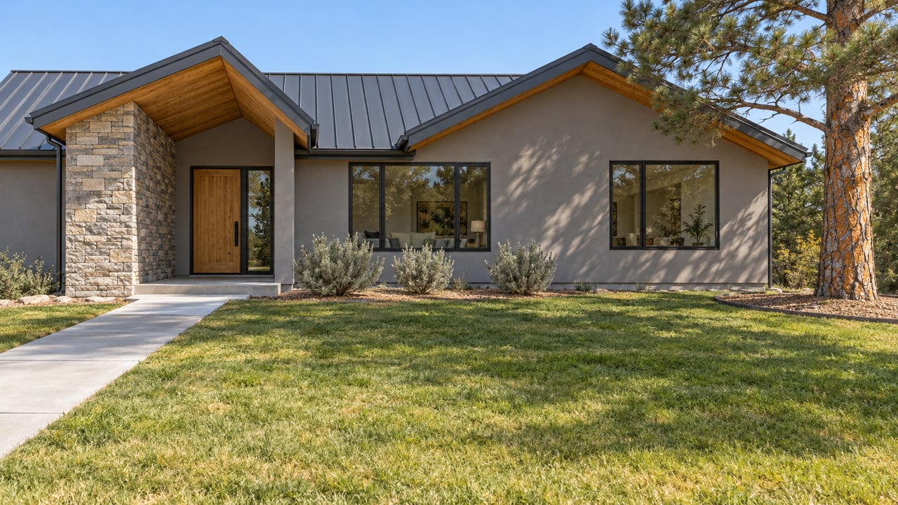 A single-story gabled home with warm timber, stone entry accents, and broad windows behind an autumn lawn and a mature pine.