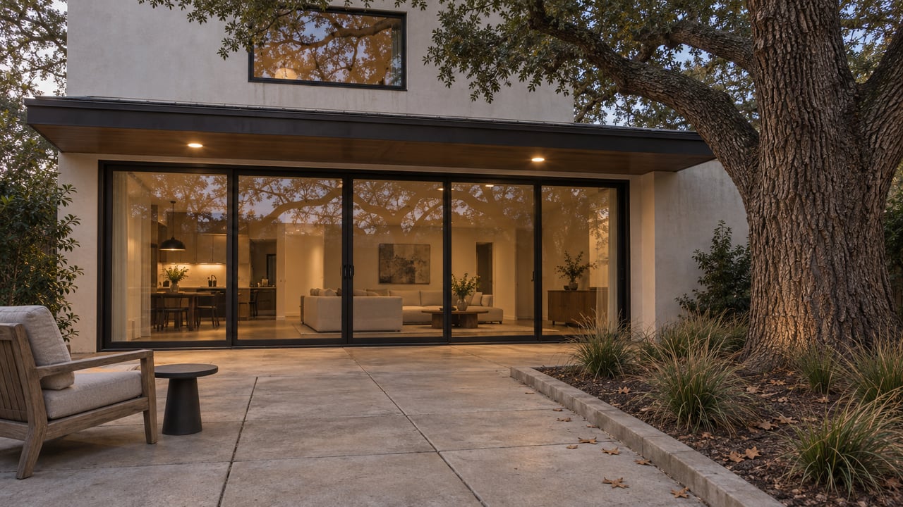 Oak-shaded concrete terrace beside a contemporary home, with closed glass doors, warm interior light and a teak lounge chair.