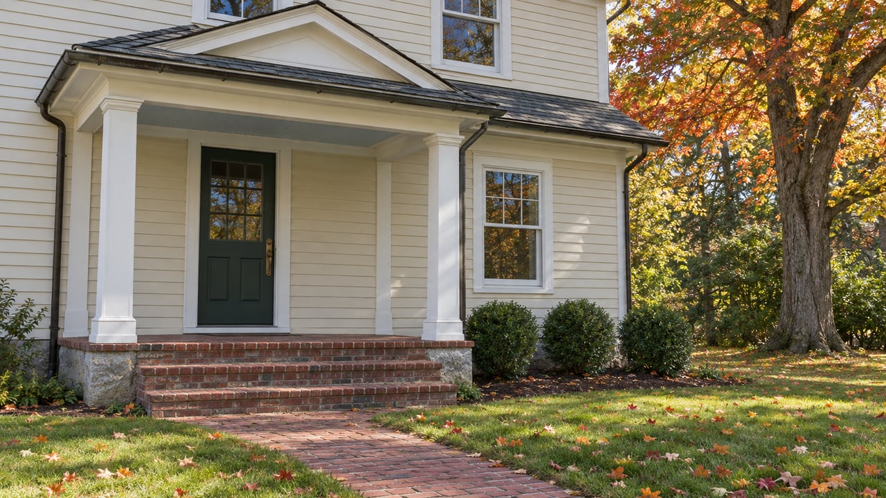 Light-colored house with a covered porch, brick steps, and autumn foliage.