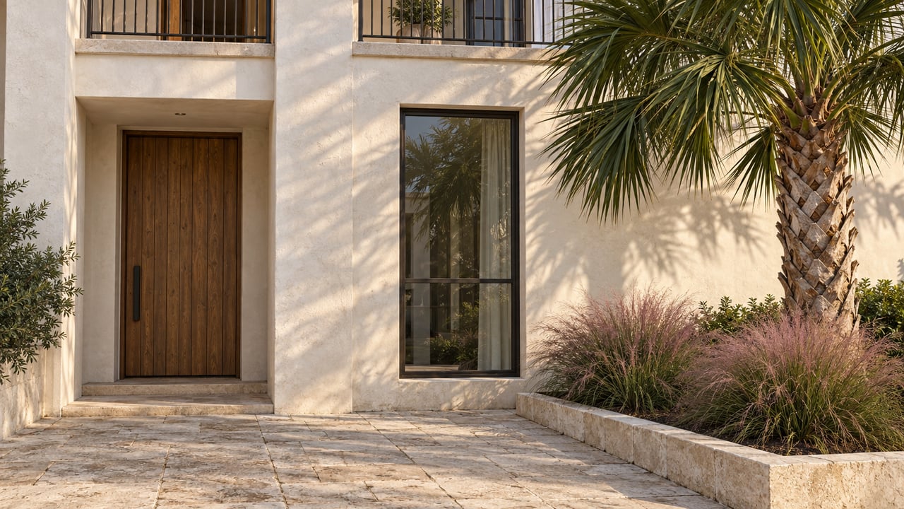 Townhouse entry with a weathered wood door, bronze-framed window, limestone pavers, and a palm in a raised bed.