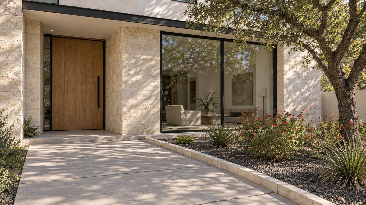 Sunlit limestone entry and oak door beside a large black-framed window, with a mature oak and carefully spaced native planting.