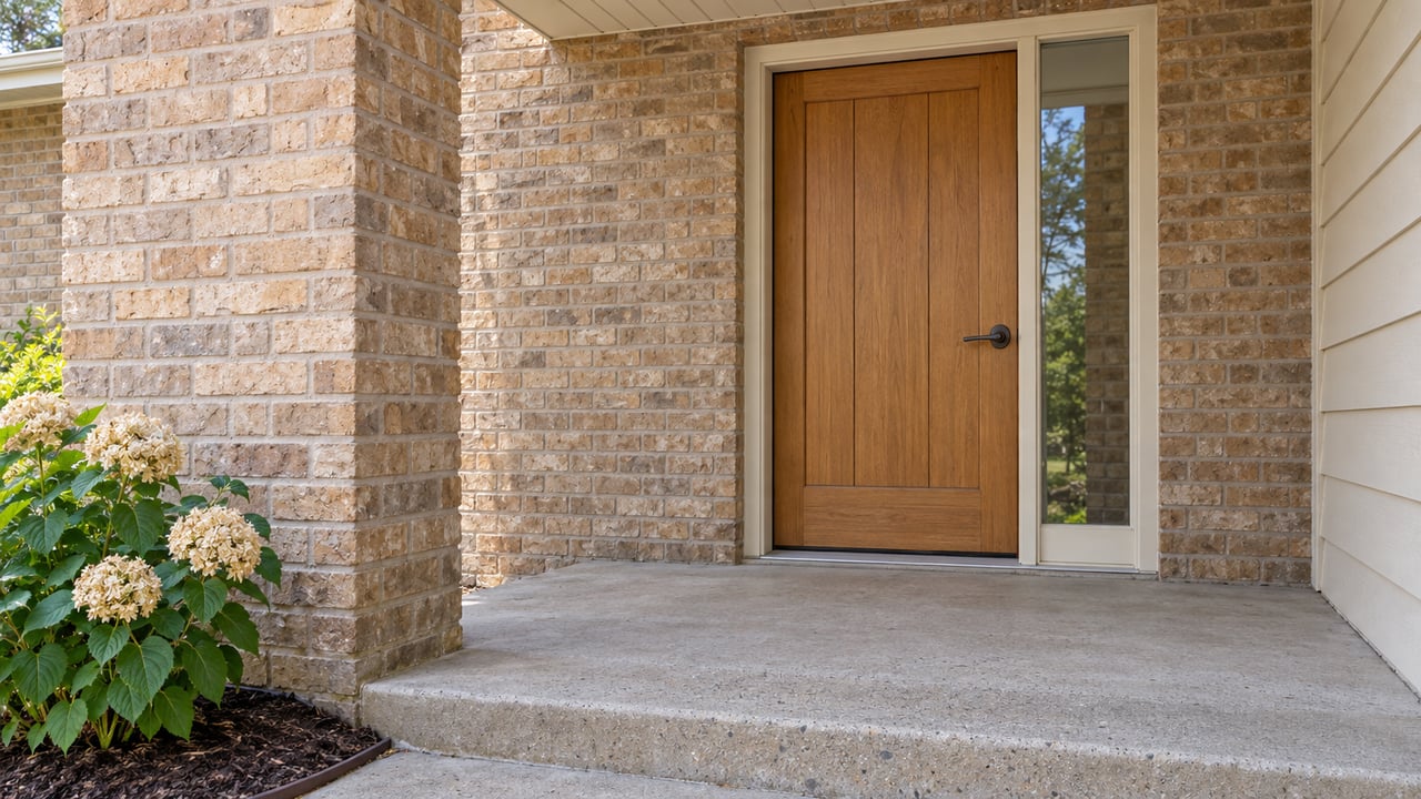 Covered home entry with buff brick, a warm oak door, cream trim, and a concrete step beside a flowering shrub.