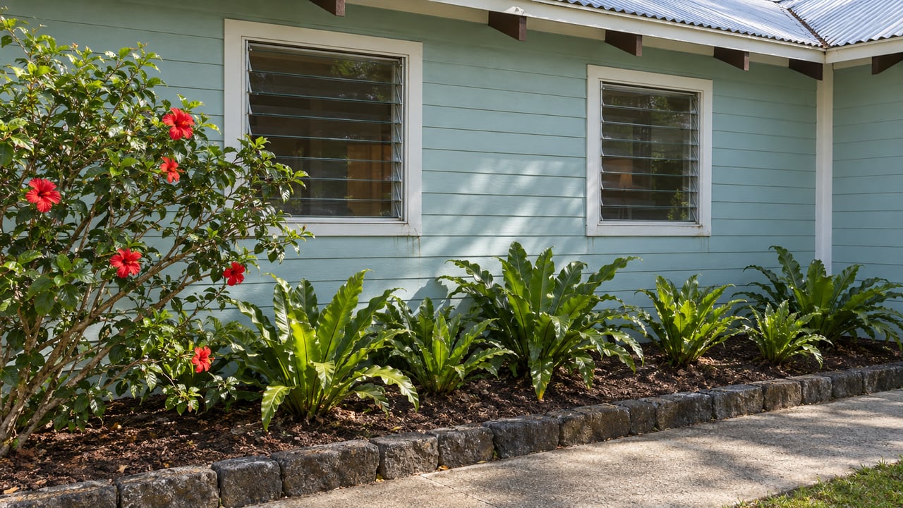Sunlit aqua cottage wall with white-framed jalousie windows above a basalt-edged garden of red hibiscus and bird’s-nest ferns.