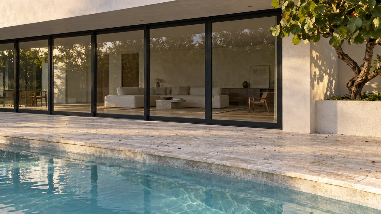 Modern stucco house with black-framed glass doors, a shellstone terrace, pool, and a broad-leaved tree in a planter.