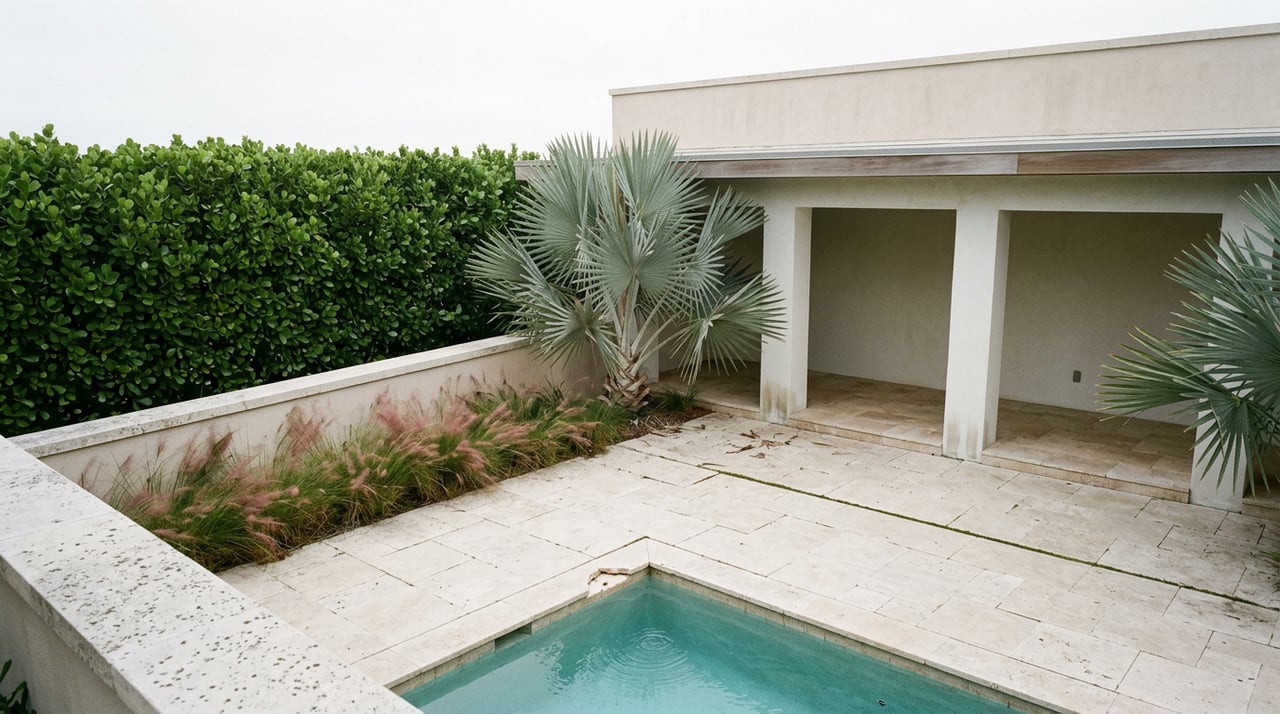Private courtyard with a turquoise lap pool, shaded teak-ceiling loggia, and silver-blue palm.