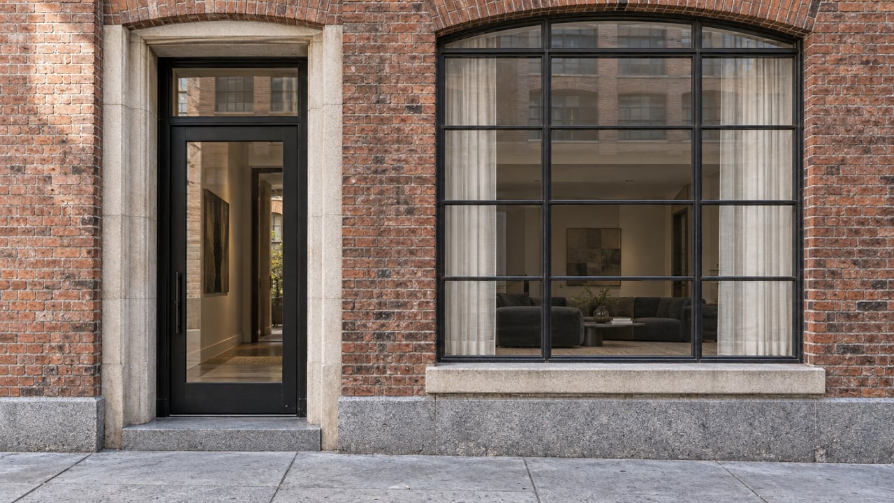 Weathered brick loft residence with a recessed glazed entry, limestone trim and a large steel-framed window above a granite base.