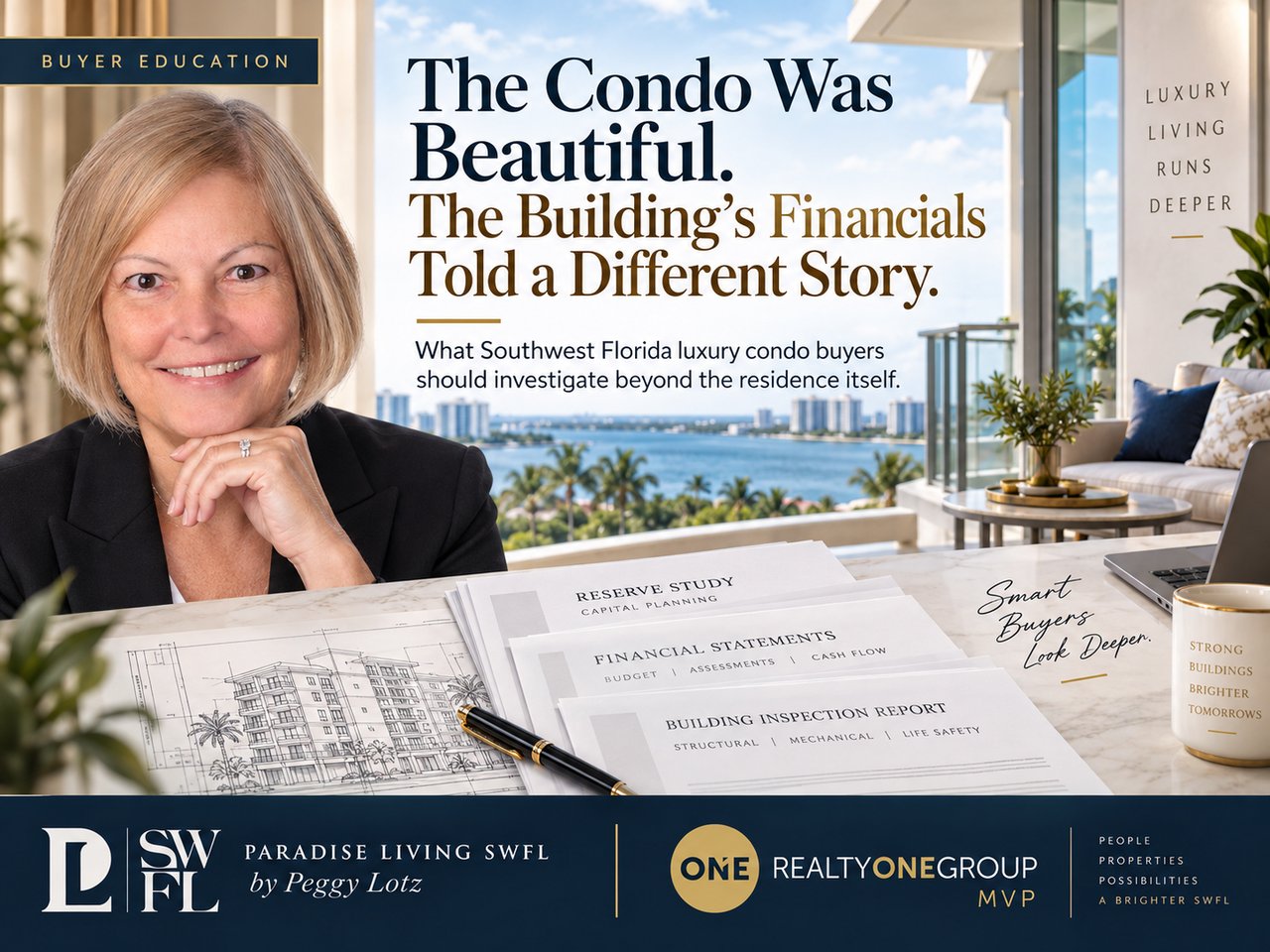 Peggy Lotz in a luxury Southwest Florida waterfront condo beside reserve study, financial statement, and building inspection documents, illustrating condo due diligence beyond the residence itself.