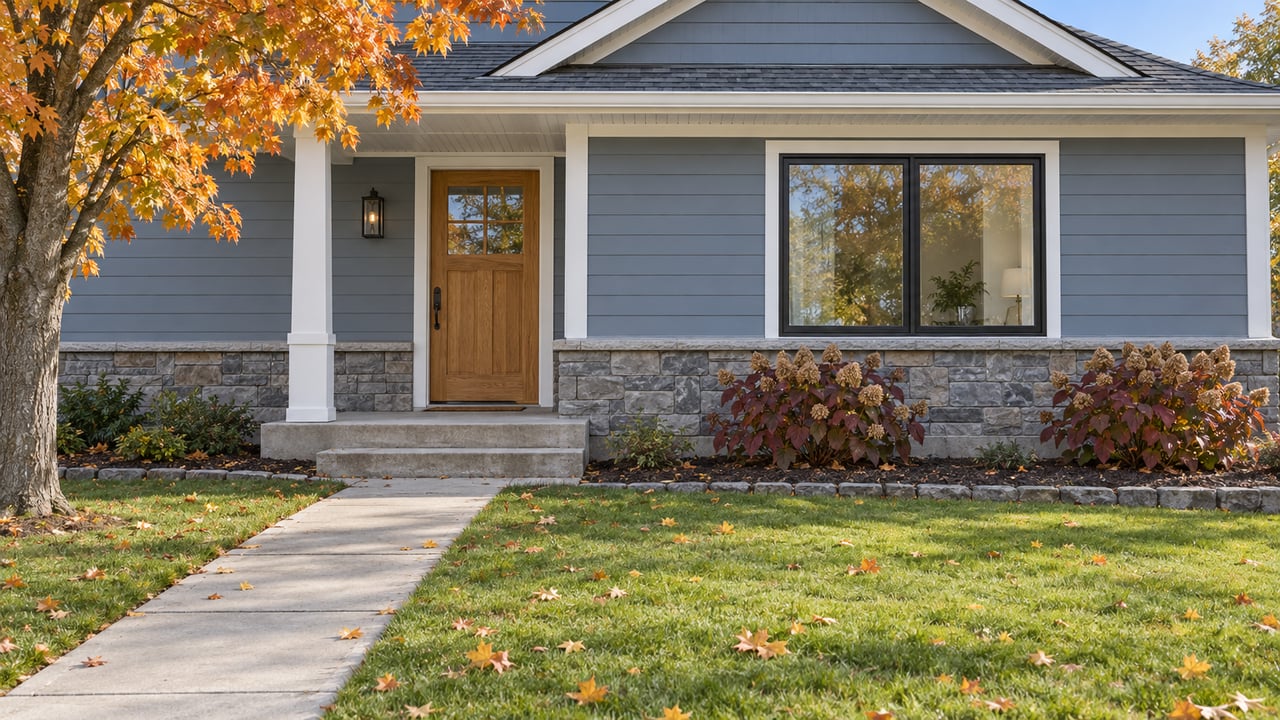 Blue-gray gabled house with a sheltered oak entry, stone foundation, concrete approach and autumn planting.