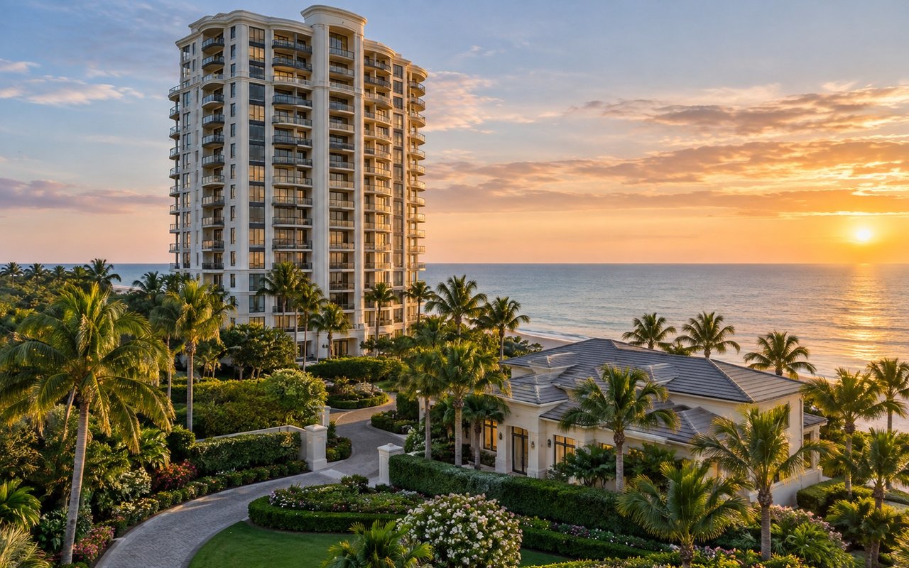 Oceanfront condominium tower and landscaped residences framed by palms at sunset.