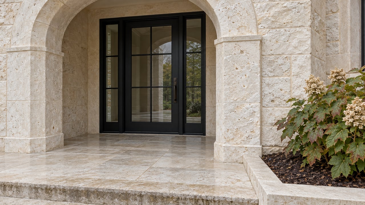 Cream limestone arched entrance with a black glazed door, broad stone landing and oakleaf hydrangea.