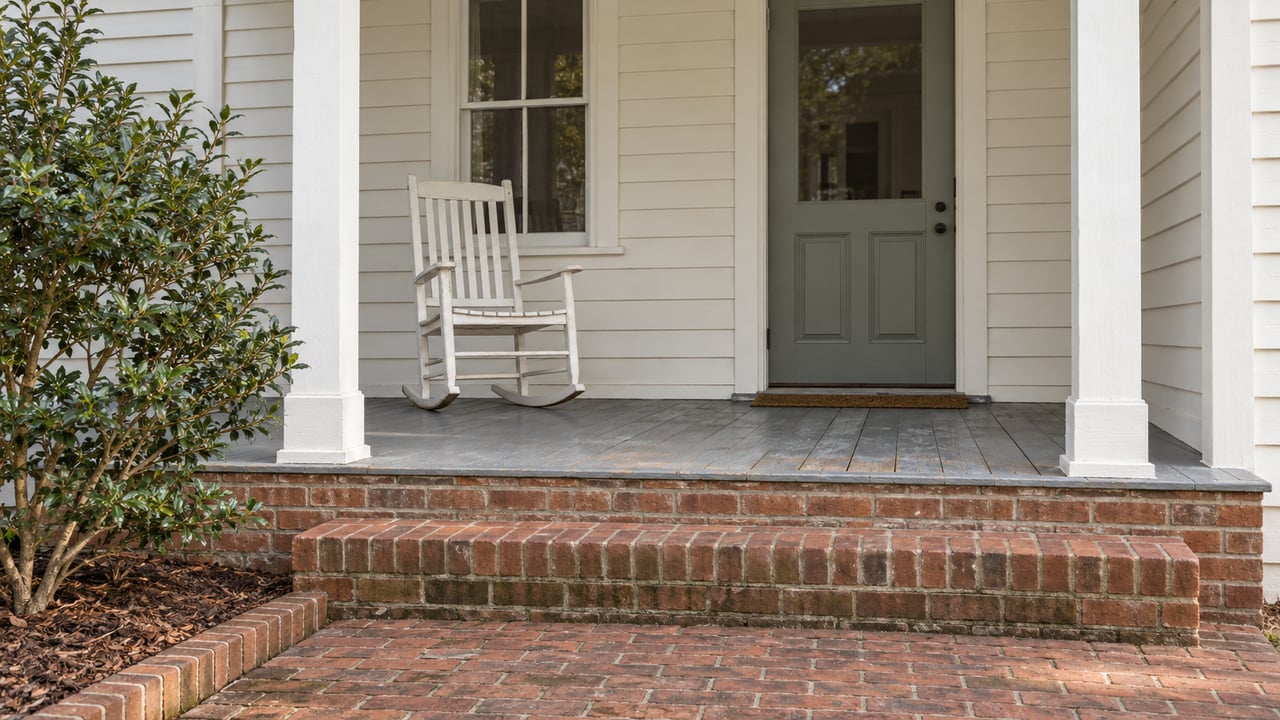 Cream clapboard cottage porch with a gray-green glazed door, white rocking chair, weathered painted floorboards and two brick steps beside a yaupon holly.