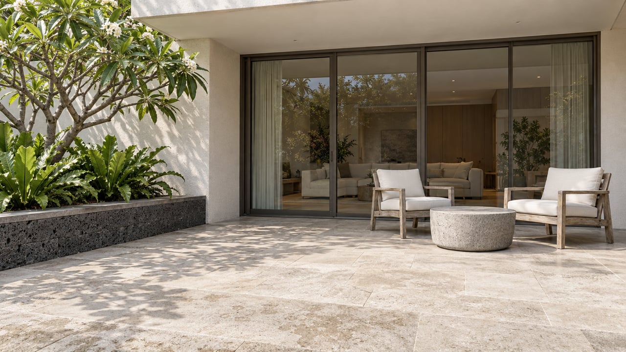 Sunlit condominium terrace with pale stone paving, teak chairs, closed sliding glass doors and a flowering plumeria in a basalt planter.