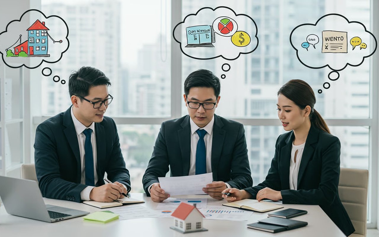 Three professionals discuss home-buying paperwork beside a model house, with illustrated thought bubbles above them.