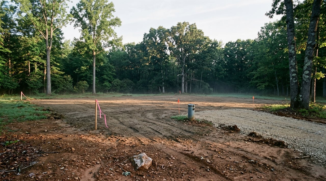 Graded rural building lot with survey stakes, orange flags, and a gravel driveway below a hardwood tree line.
