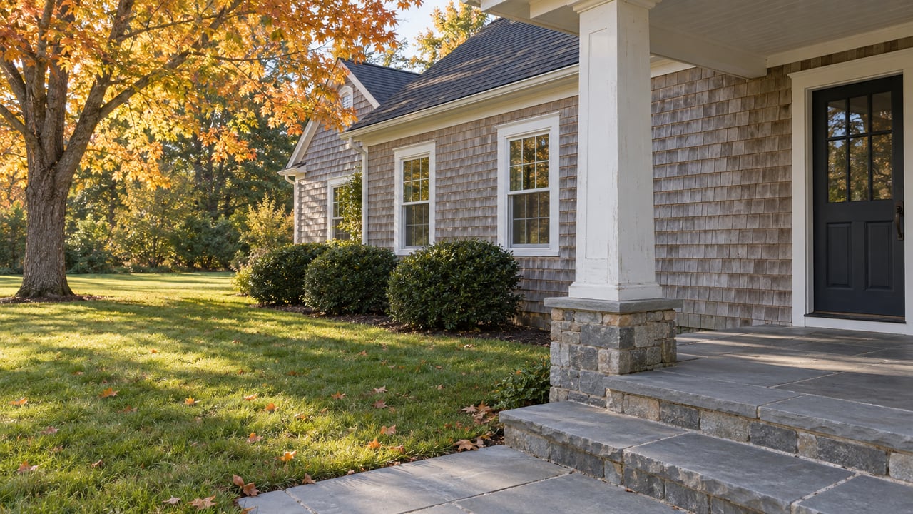 Cedar-shingle house with a shaded porch, stone approach, broad lawn, and yellow-orange maple canopy.