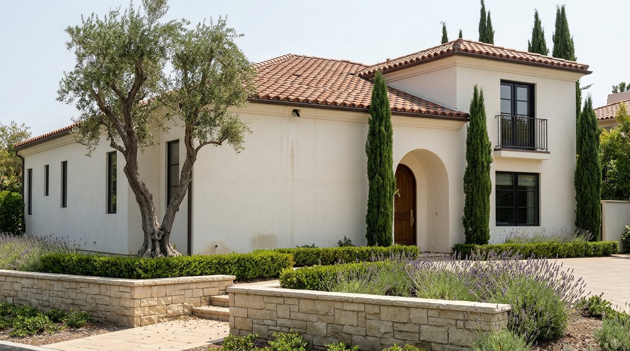 Ivory stucco house with a terracotta tile roof, arched entry, stone retaining wall, and olive tree.