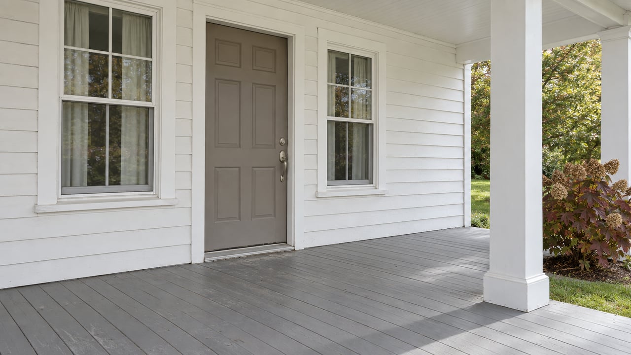 White-sided home with a taupe front door, paired multipane windows and a gray-painted porch beside autumn oakleaf hydrangea.
