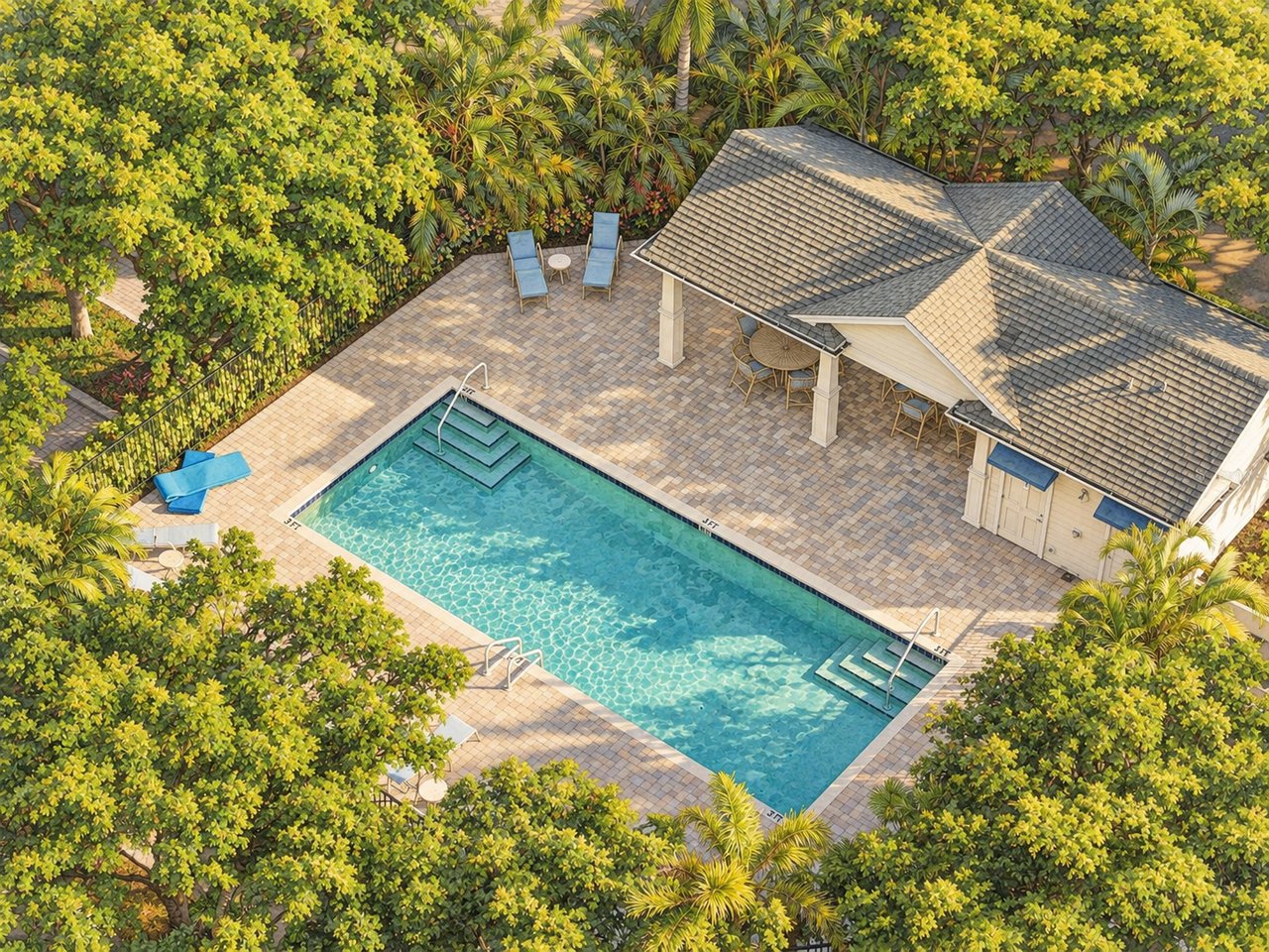Aerial view of a pool and covered pavilion amid dense tropical landscaping.