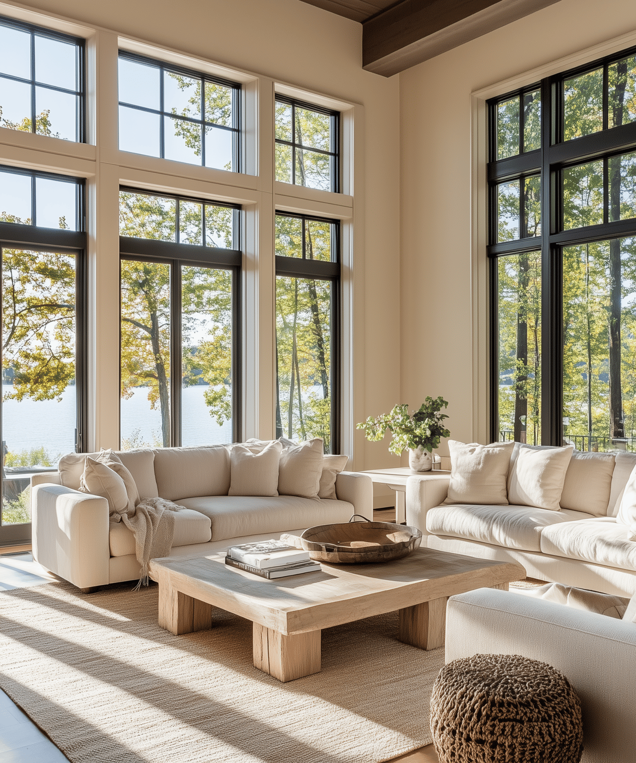 Lakefront living room with cream sofas and tall windows overlooking the water.