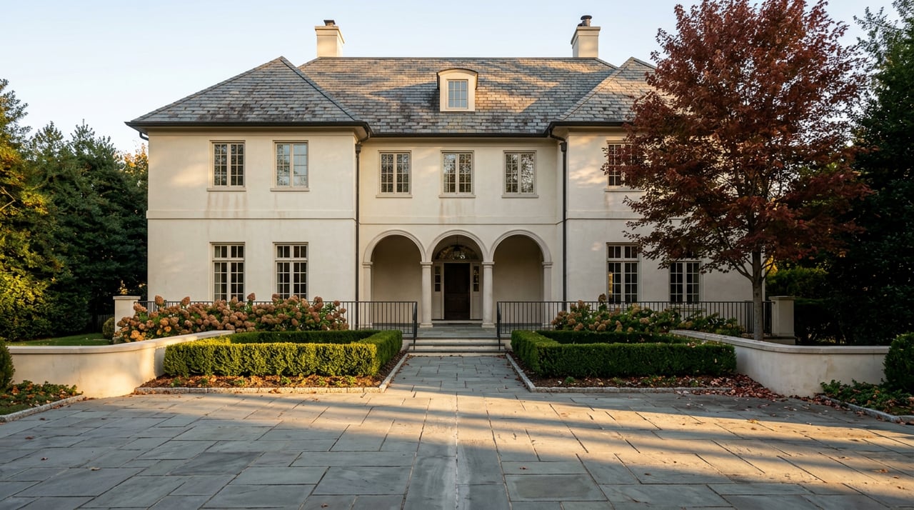 Two-story cream stucco estate with an arched entry, slate roof, and russet-red maple above a bluestone motor court.