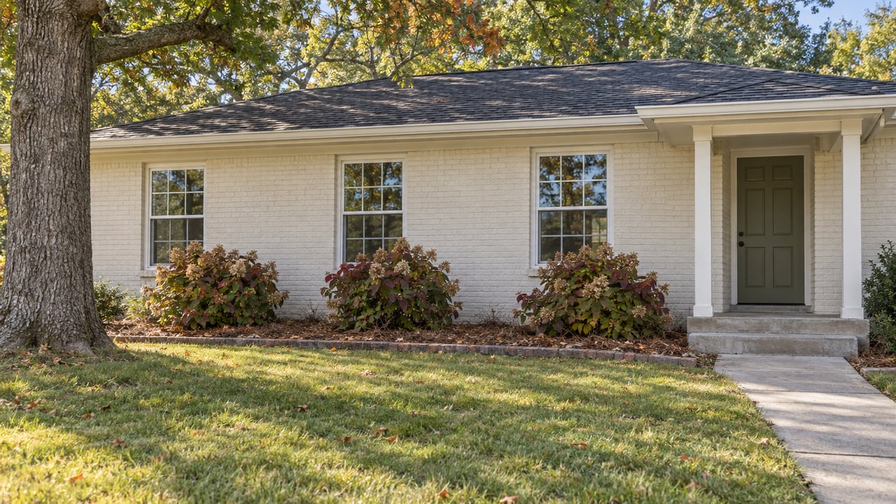 Painted-brick ranch with a concrete front walk, green lawn and an oak canopy showing early autumn color.
