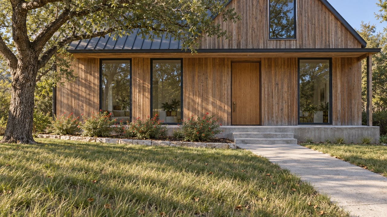 Cedar-clad gabled home with tall windows, a raised concrete porch and an oak-shaded front lawn in morning light.
