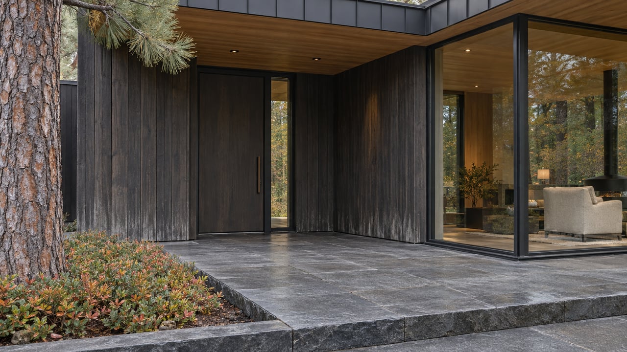 Dark cedar home entrance beneath broad eaves, with a basalt landing and a glazed living-room corner in soft autumn light.