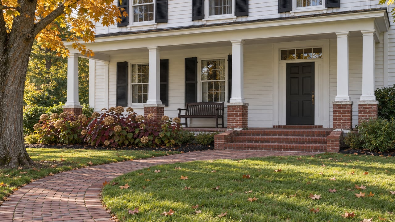 Warm-white clapboard home with a brick porch and curved brick approach across an autumn lawn, framed by a sugar maple and oakleaf hydrangeas.