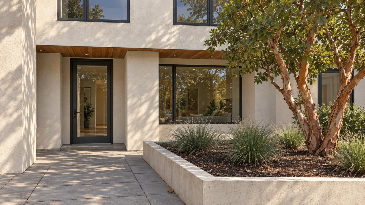Sunlit attached-home entry with pale stucco, black-framed glazing, a wood soffit and a planted concrete courtyard.