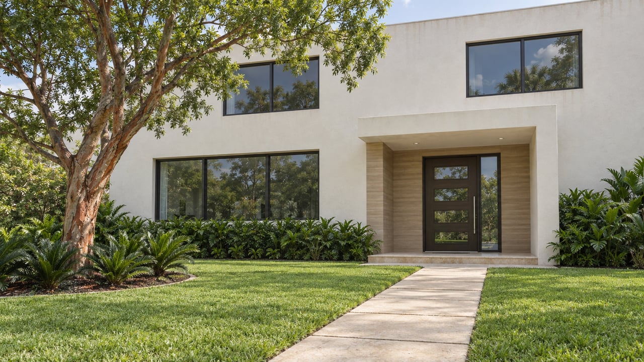 Sunlit white stucco home with dark bronze windows, a limestone entry walk and a sculptural copper-barked tree above a deep green lawn.