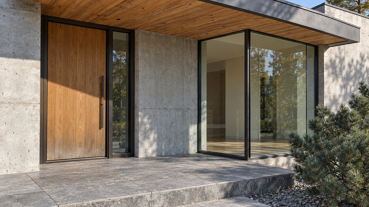 Contemporary residential entry with weathered cedar soffit, dark-framed glazing, oak door and sandstone steps beside a pinyon pine.