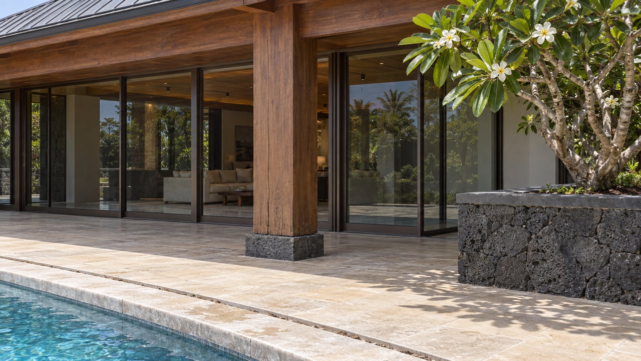 Timber lanai column beside limestone pool coping, with a glazed villa facade and a white-flowering tree in a raised basalt bed.