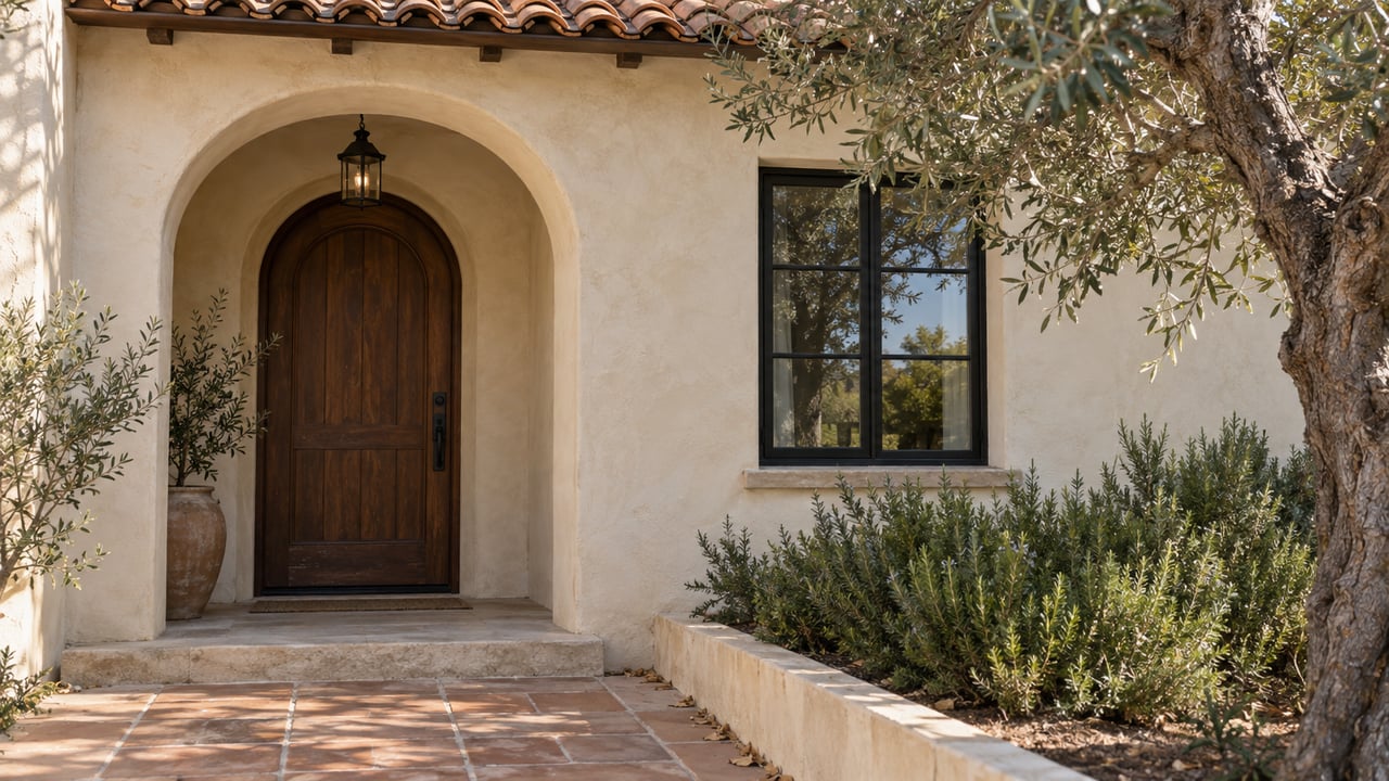 Recessed arched walnut door beside a black-framed window, with an olive tree and rosemary at the entry.