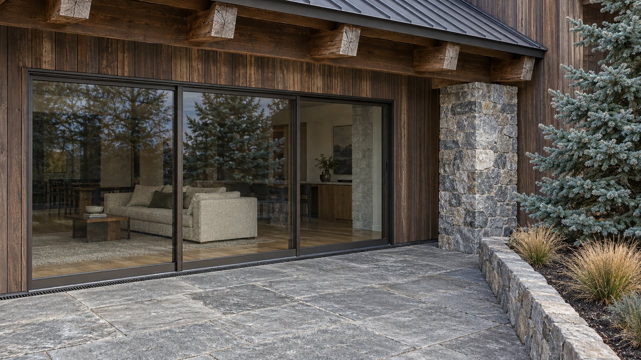 Timber eaves and cedar siding shelter a closed glass wall beside a stone terrace and a raised bed with blue spruce and tufted grasses.