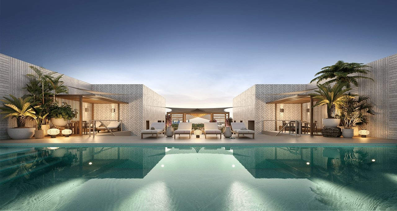 The Lincoln rooftop pool at dusk rendering in Coconut Grove, Miami.