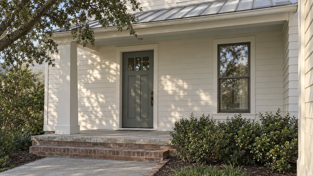 Raised home entry with a gray-green door, glazed window, brick steps, and a leafy branch overhead.