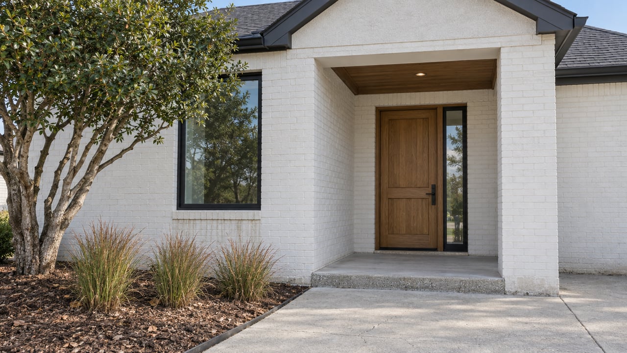 A white brick home's recessed oak front door, black-framed window, concrete approach, and carefully planted entry bed in late-morning light.