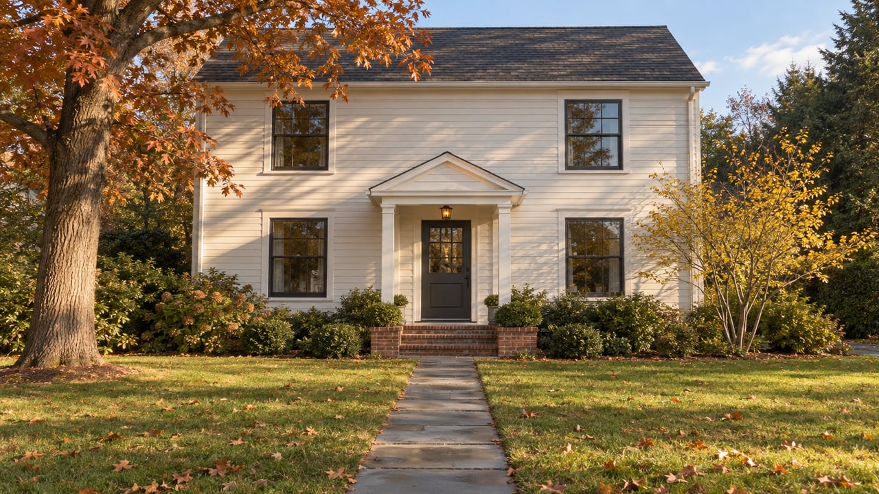 Weathered white clapboard house behind a broad autumn lawn, with brick steps and russet and yellow foliage.