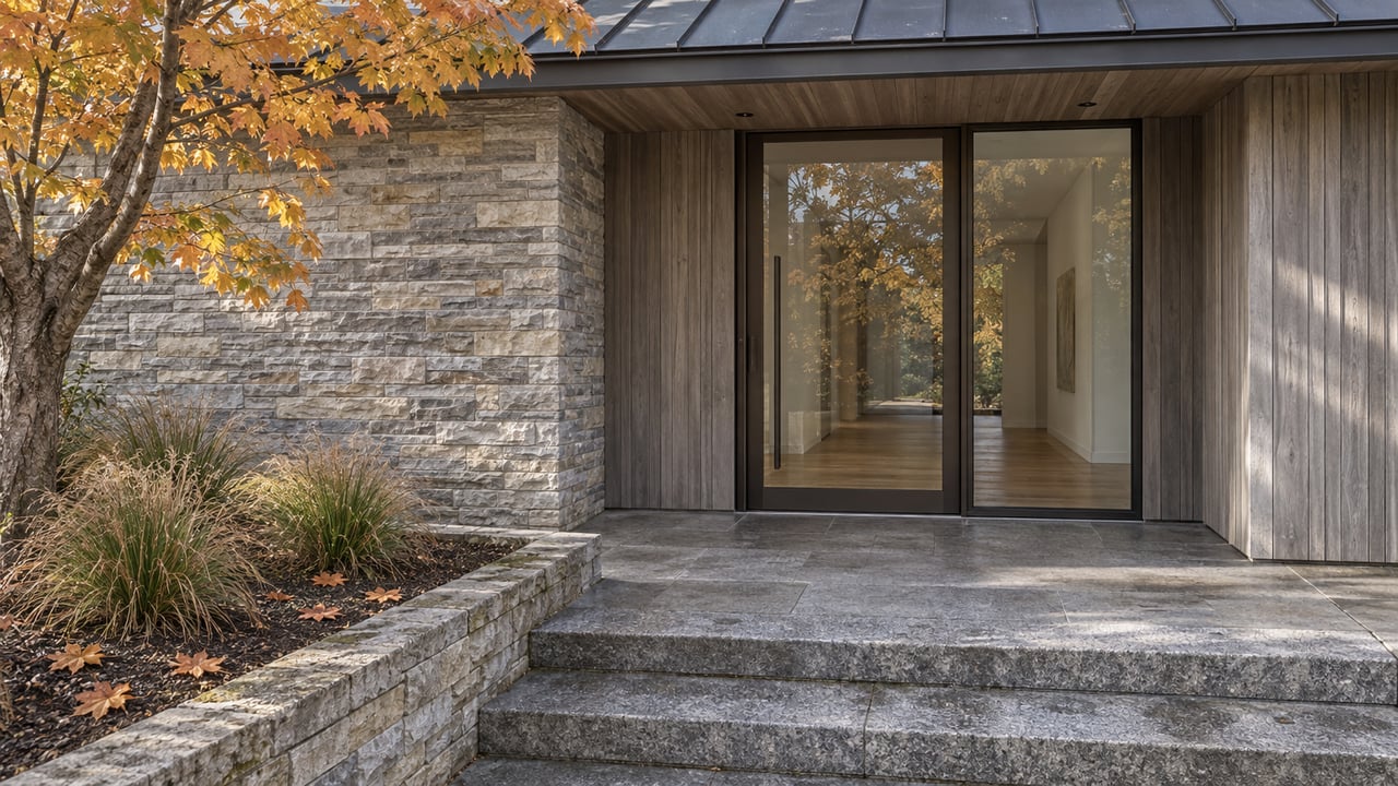 Modern home entrance with a glass door, stone walls, and autumn foliage.