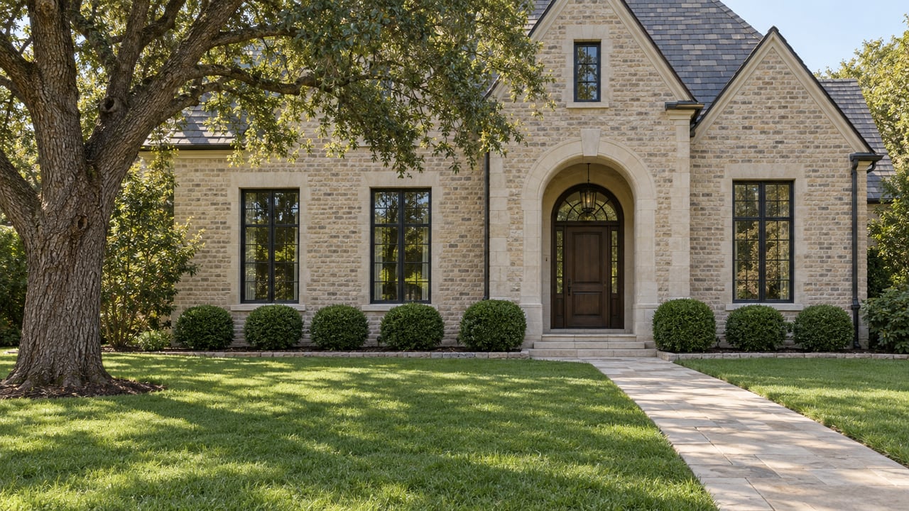 Buff brick and limestone home with an arched entrance, dark divided-light windows, a deep lawn and a mature spreading oak.
