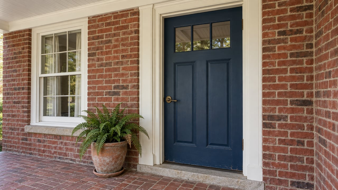 Blue paneled door set in red brick, beside a sash window and terracotta pot with fern.