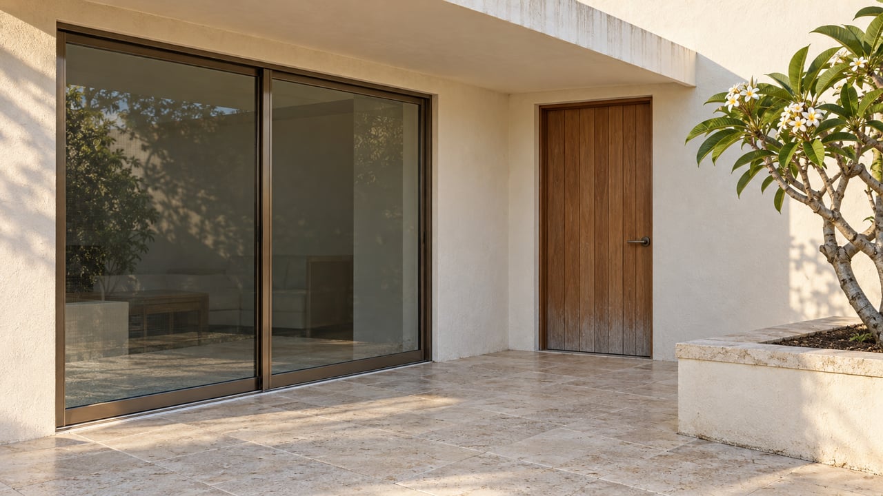 Ivory stucco home with closed bronze-framed glass doors, a teak entry door, limestone terrace and a flowering plumeria in a raised planter.