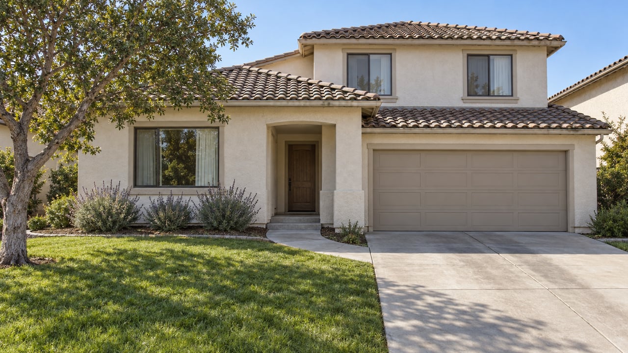Two-story ivory stucco house with a tiled roof, broad front lawn, oak tree and concrete driveway in afternoon sunlight.