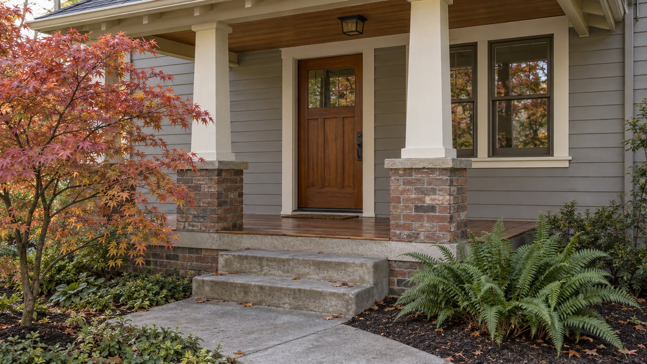 Bungalow porch with a stained wood door, paired window, concrete steps, and a small Japanese maple.
