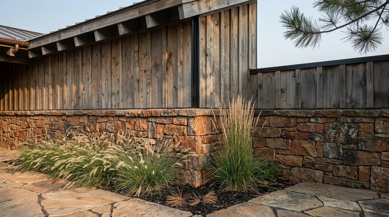 Fieldstone wainscot meets weathered cedar siding at a corner above flagstone paving and ornamental grasses.