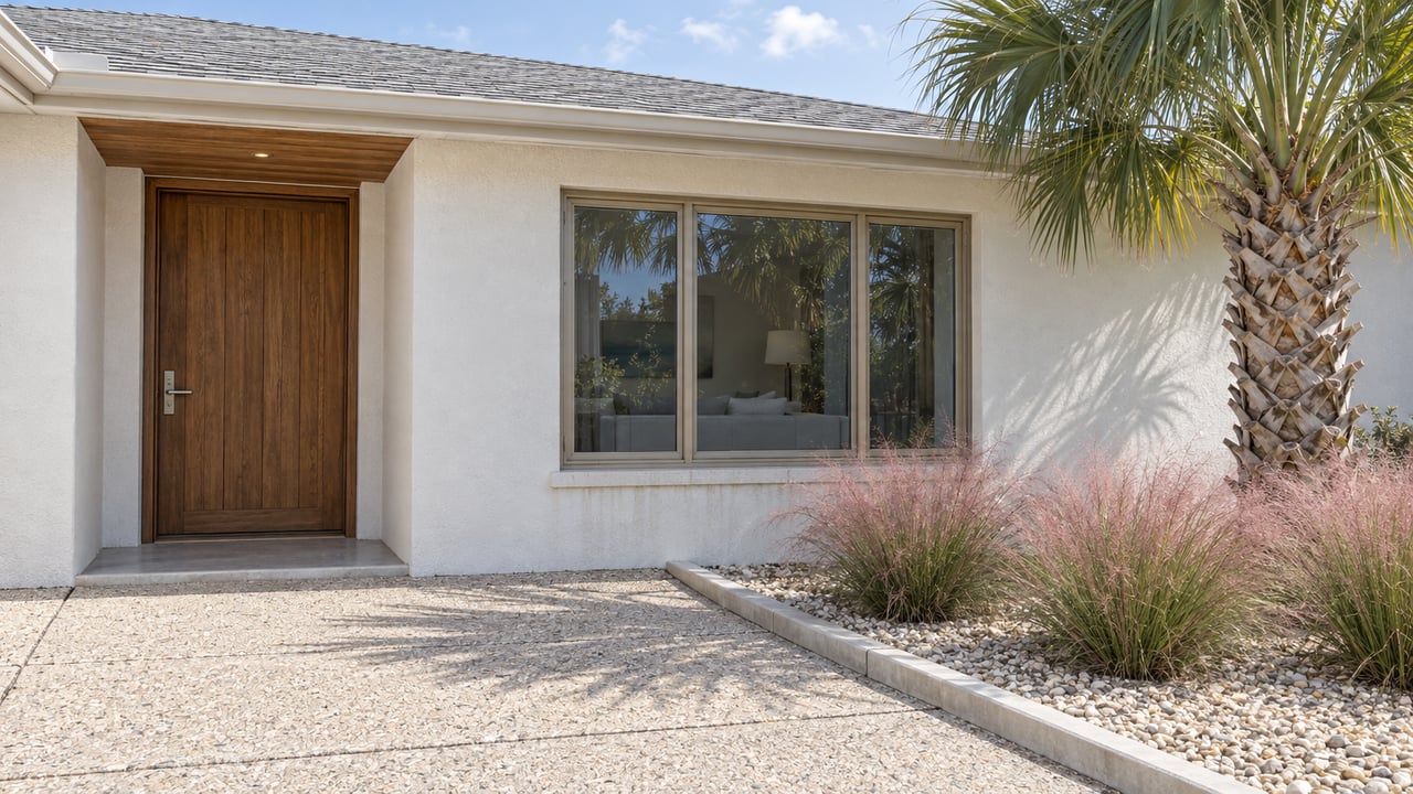 White stucco home with a shaded timber entry, broad glazed window, shell-aggregate approach, and a specimen palm beside pink flowering grasses.